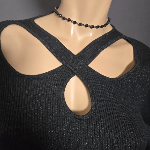 DKNY Black Ribbed Sweater With Cutouts Size XL Cotton Lurex Fitted Long Sleeve - Picture 3 of 12
